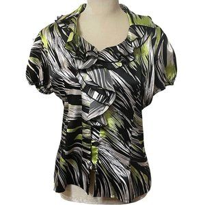Noemi Ladys Wear Blouse Black Green Ruffled V Neck Short Sleeve Button Down